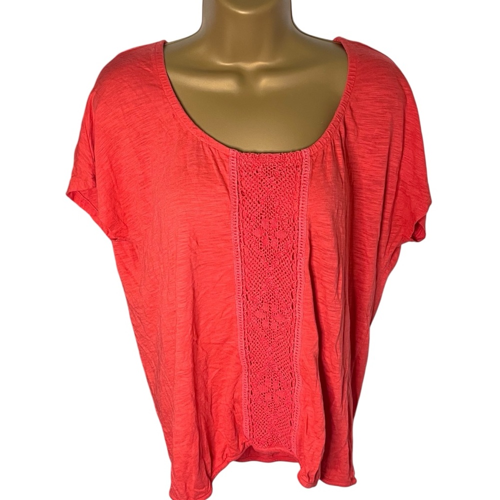 Chico’s Crochet Inset Blouse Short Sleeve Coral M